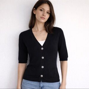 Talbots Cashmere Blend Black Short Sleeve Jeweled-Button Cardigan Sweater - NEW
